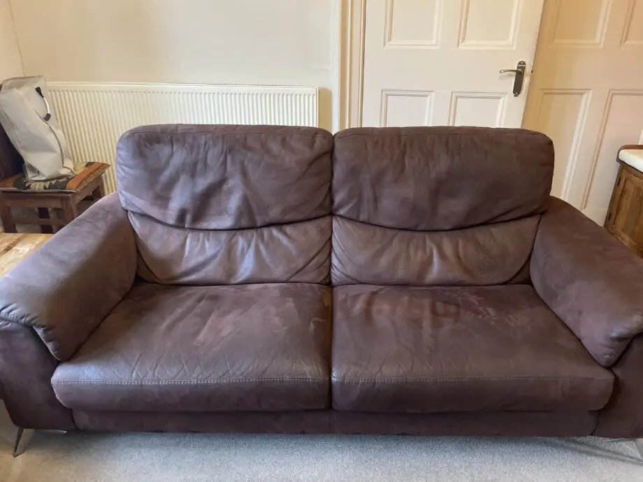 Sofology chocolate brown moleskin 2 and 3. Seater sofas plus a convertible footstool/ additional seat