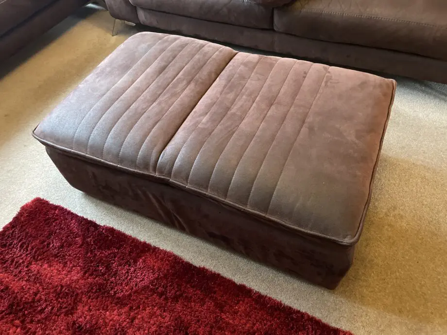 Sofology chocolate brown moleskin 2 and 3. Seater sofas plus a convertible footstool/ additional seat