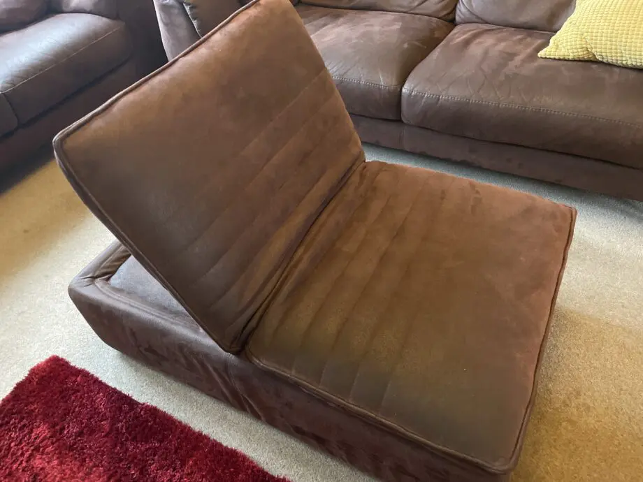 Sofology chocolate brown moleskin 2 and 3. Seater sofas plus a convertible footstool/ additional seat