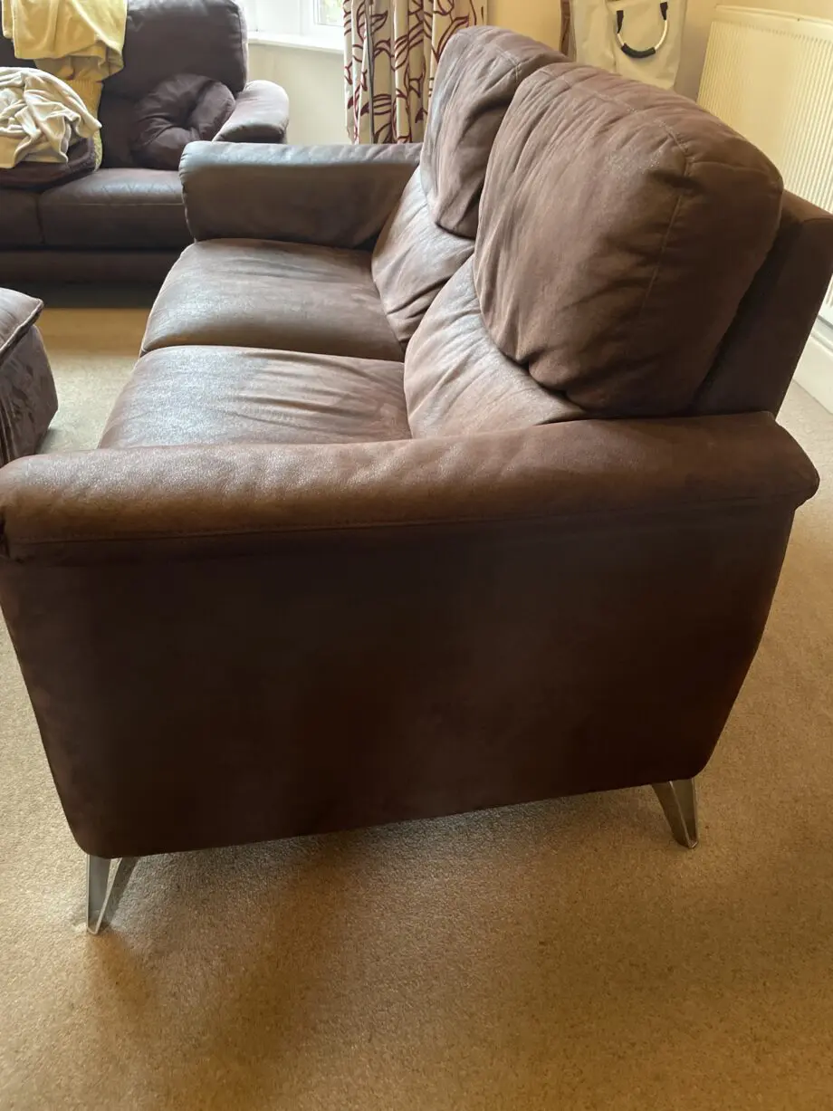Sofology chocolate brown moleskin 2 and 3. Seater sofas plus a convertible footstool/ additional seat