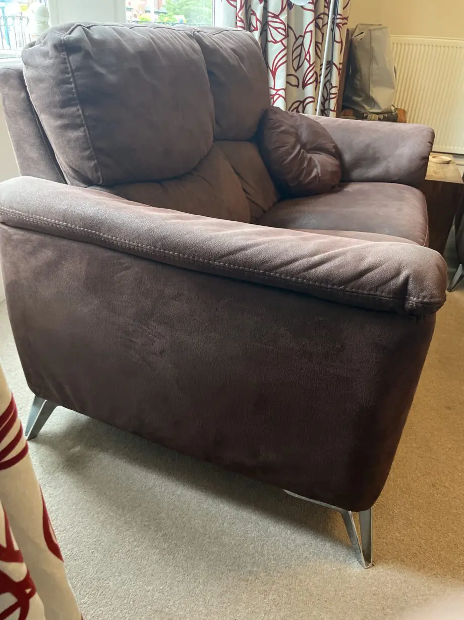 Sofology chocolate brown moleskin 2 and 3. Seater sofas plus a convertible footstool/ additional seat