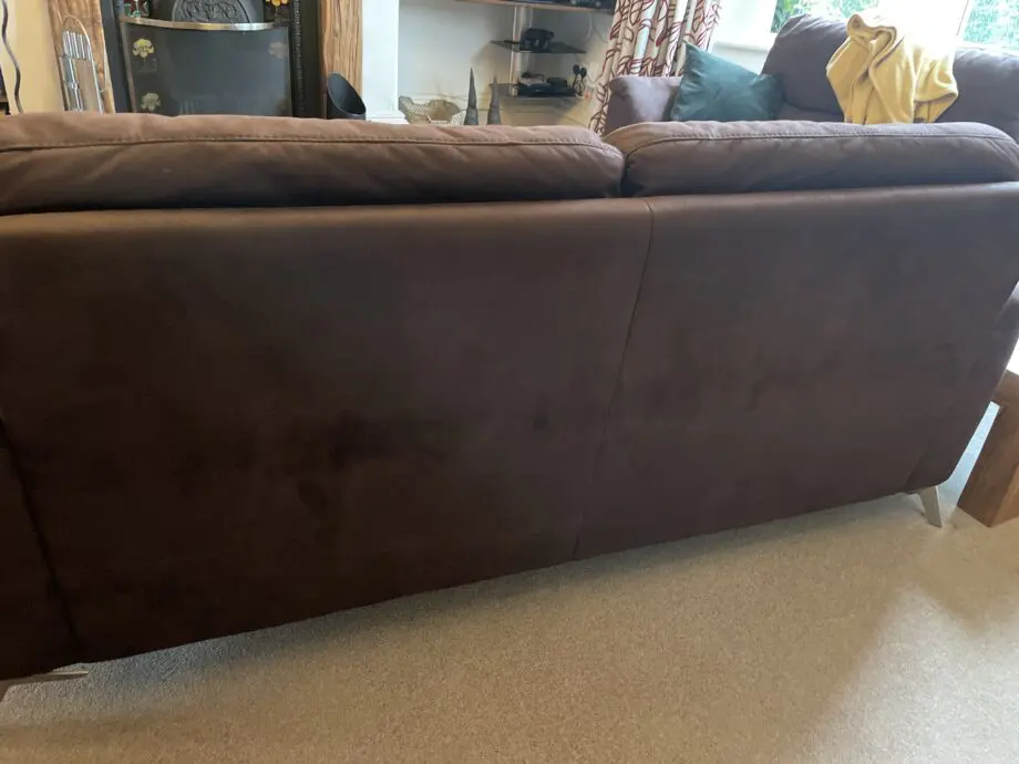 Sofology chocolate brown moleskin 2 and 3. Seater sofas plus a convertible footstool/ additional seat