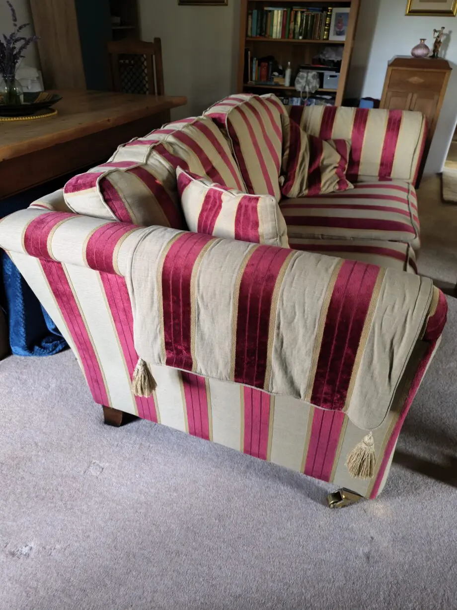 Burgundy and Gold striped Courtney sofa and chair from Rosevears
