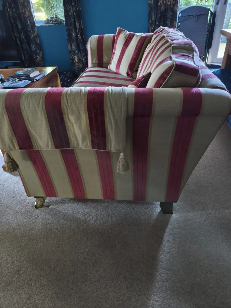 Burgundy and Gold striped Courtney sofa and chair from Rosevears