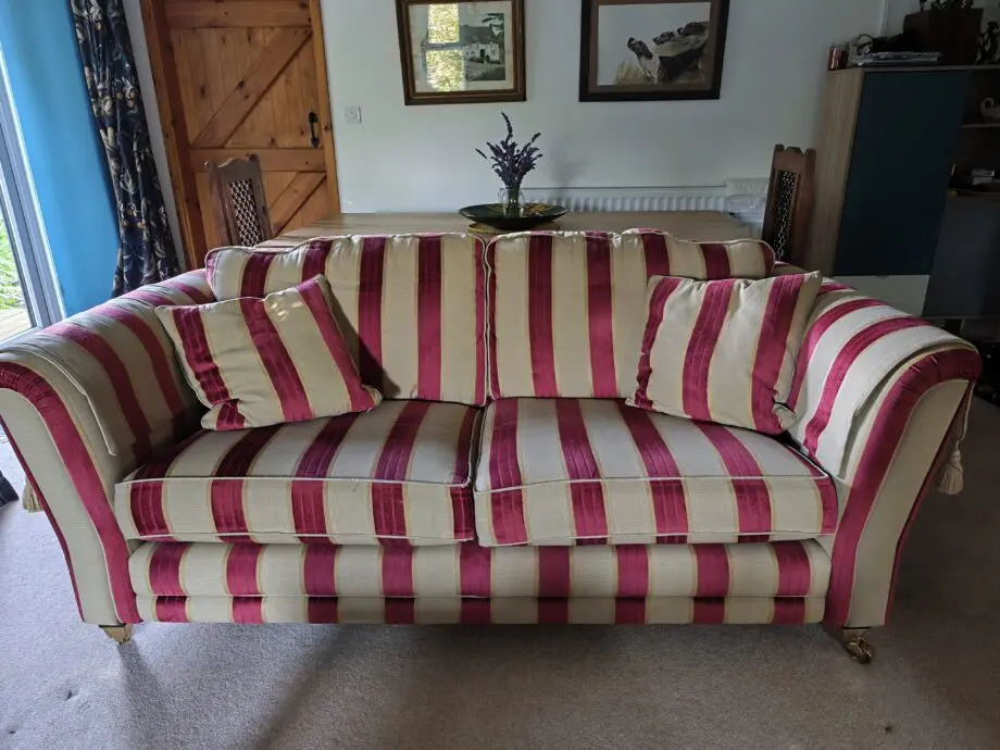 Burgundy and Gold striped Courtney sofa and chair from Rosevears