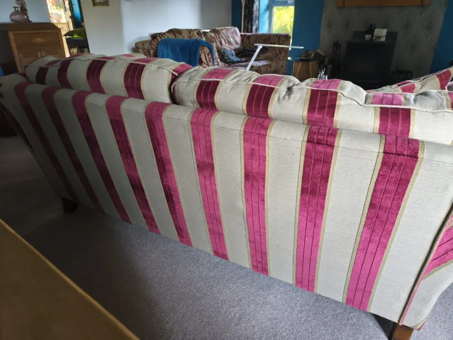 Burgundy and Gold striped Courtney sofa and chair from Rosevears