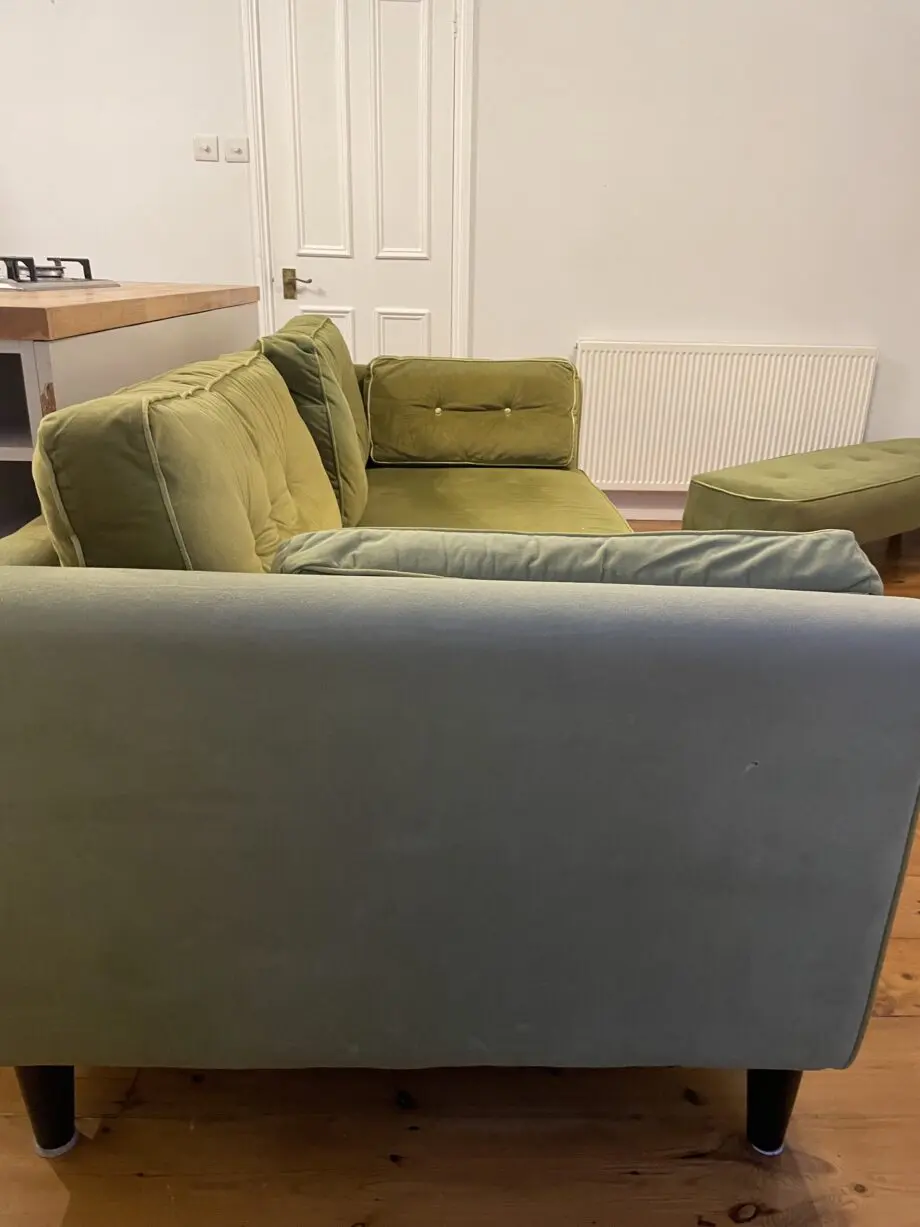 Mid-Century Modern Cricket Green 3 Seater Couch and Ottoman