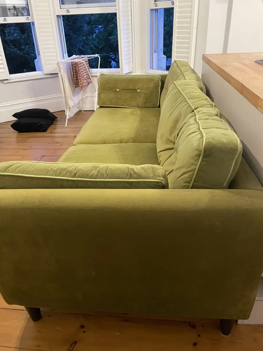 Mid-Century Modern Cricket Green 3 Seater Couch and Ottoman