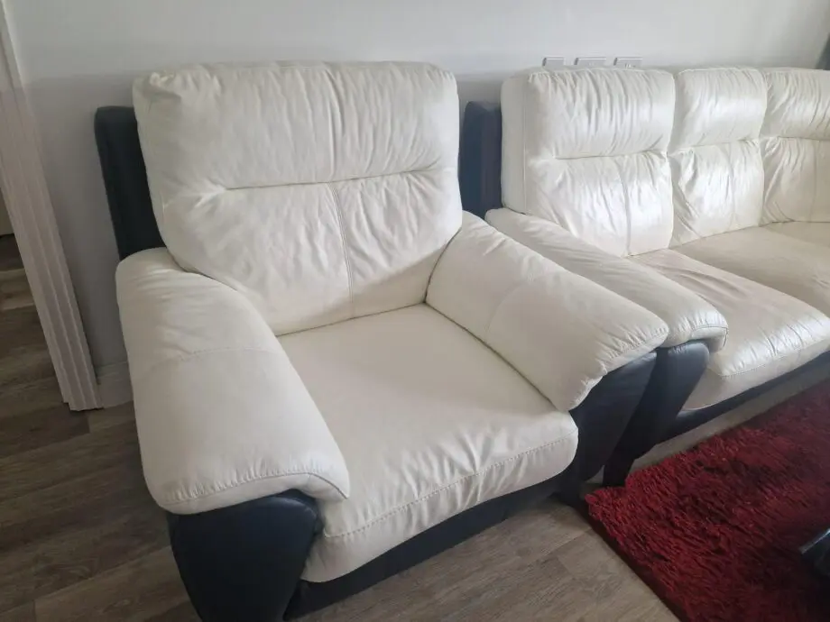 L-Shaped White Leather Sofa with Recliner & Footstool