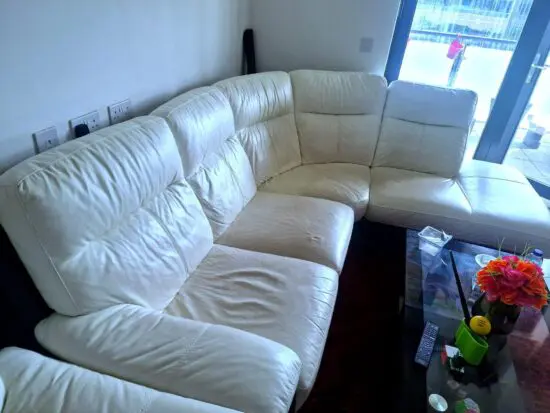L-Shaped White Leather Sofa with Recliner & Footstool