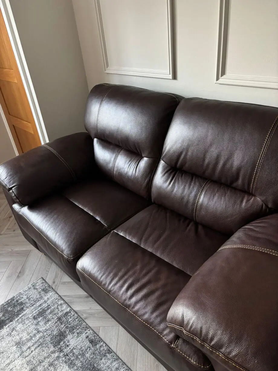 2x Oakfurnitureland two tone Brown Leather 2 seater sofas