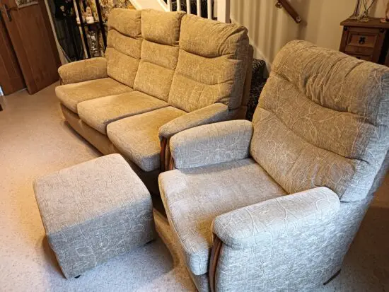 Downtown Grantham, Sandpiper Sanborn,Montana floral nutmeg Beechwood Maple 3 seater , plus similar chair and footstool