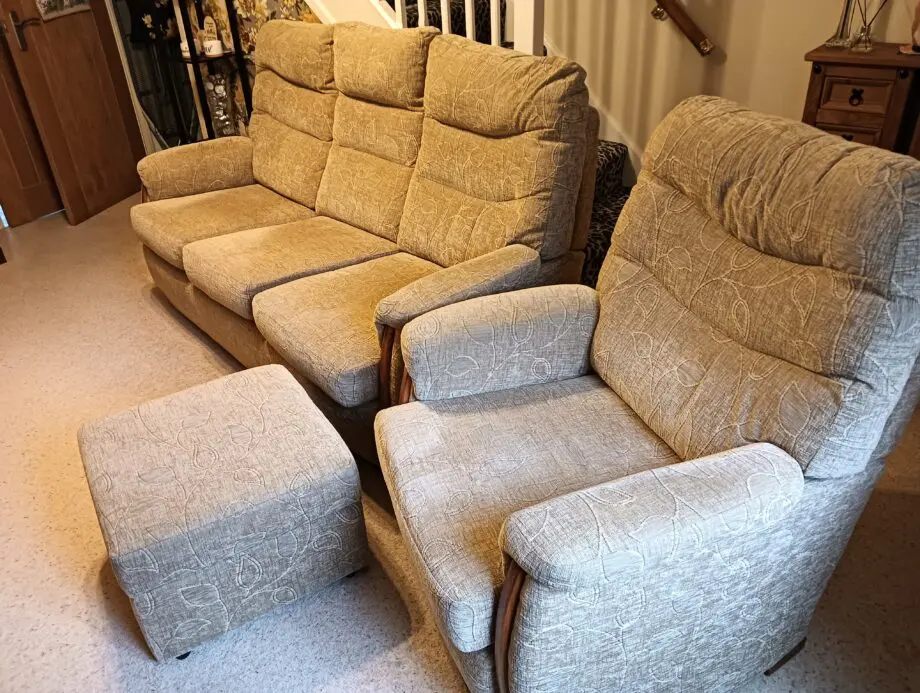 Downtown Grantham, Sandpiper Sanborn,Montana floral nutmeg Beechwood Maple 3 seater , plus similar chair and footstool