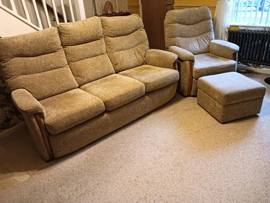 Downtown Grantham, Sandpiper Sanborn,Montana floral nutmeg Beechwood Maple 3 seater , plus similar chair and footstool