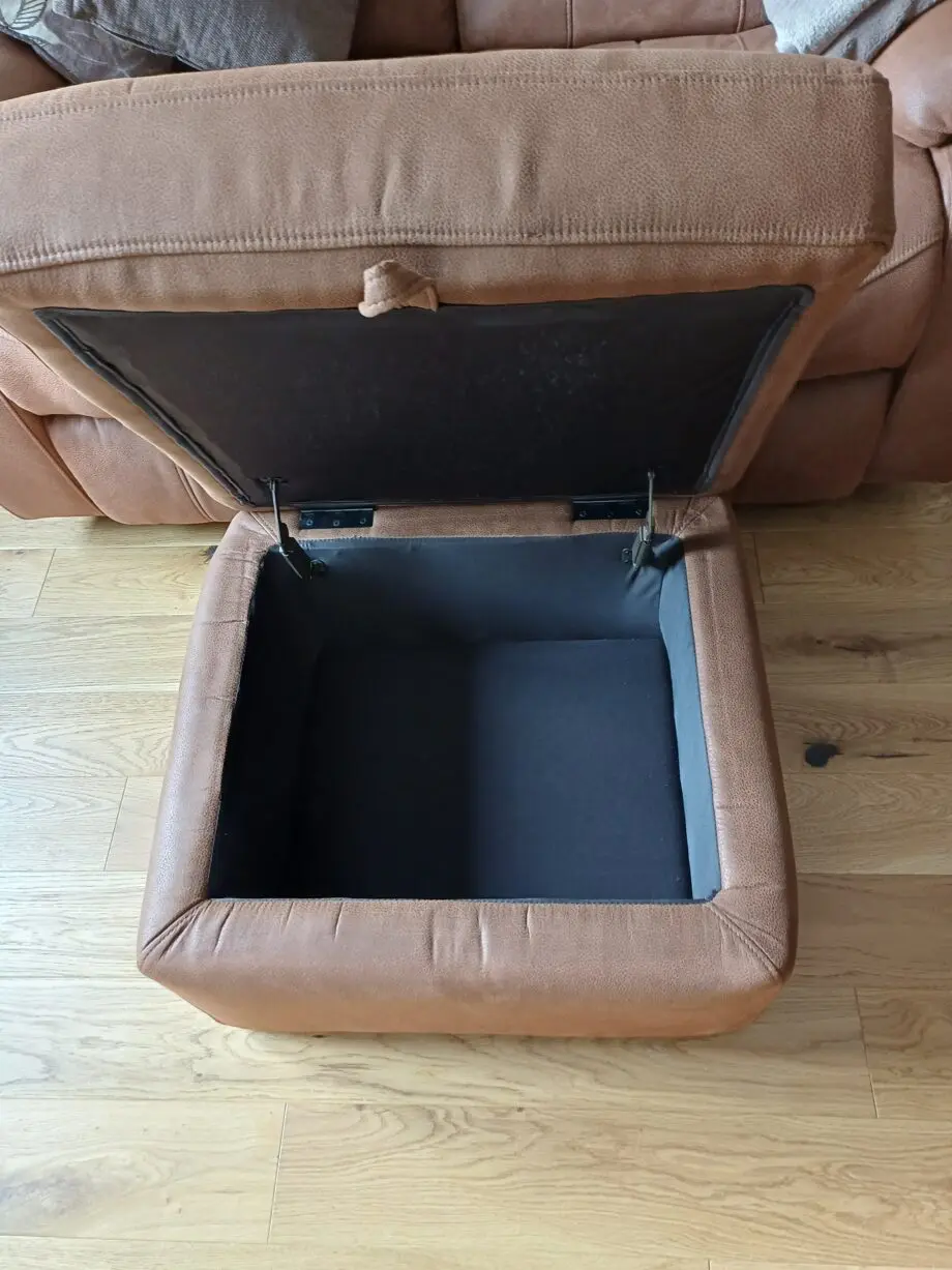 2 seater tan, reclining sofa and footstall