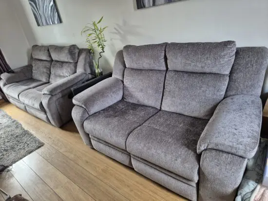DFS Grey/Silver Barrett Reclining Sofa Set - 3 Seater, 2 Seater and Footstool