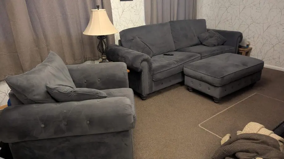 Gorgeous velour 4 seater, armchair and footstool