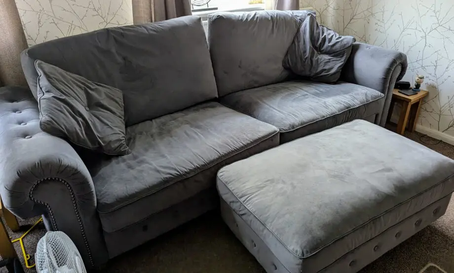 Gorgeous velour 4 seater, armchair and footstool