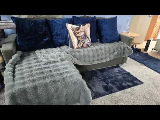 Chaise Storage. Grey fabric sofa bed
