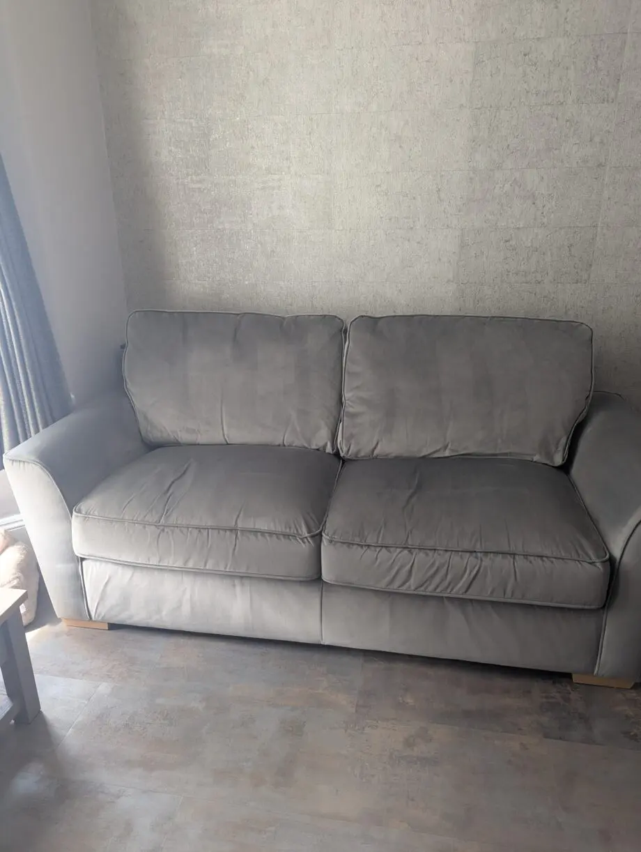 Furniture World, Fantasy range, 3 seater sofa with love chair and footstool in Festival Grey colour, velvet material. Comes with 4 pillows.