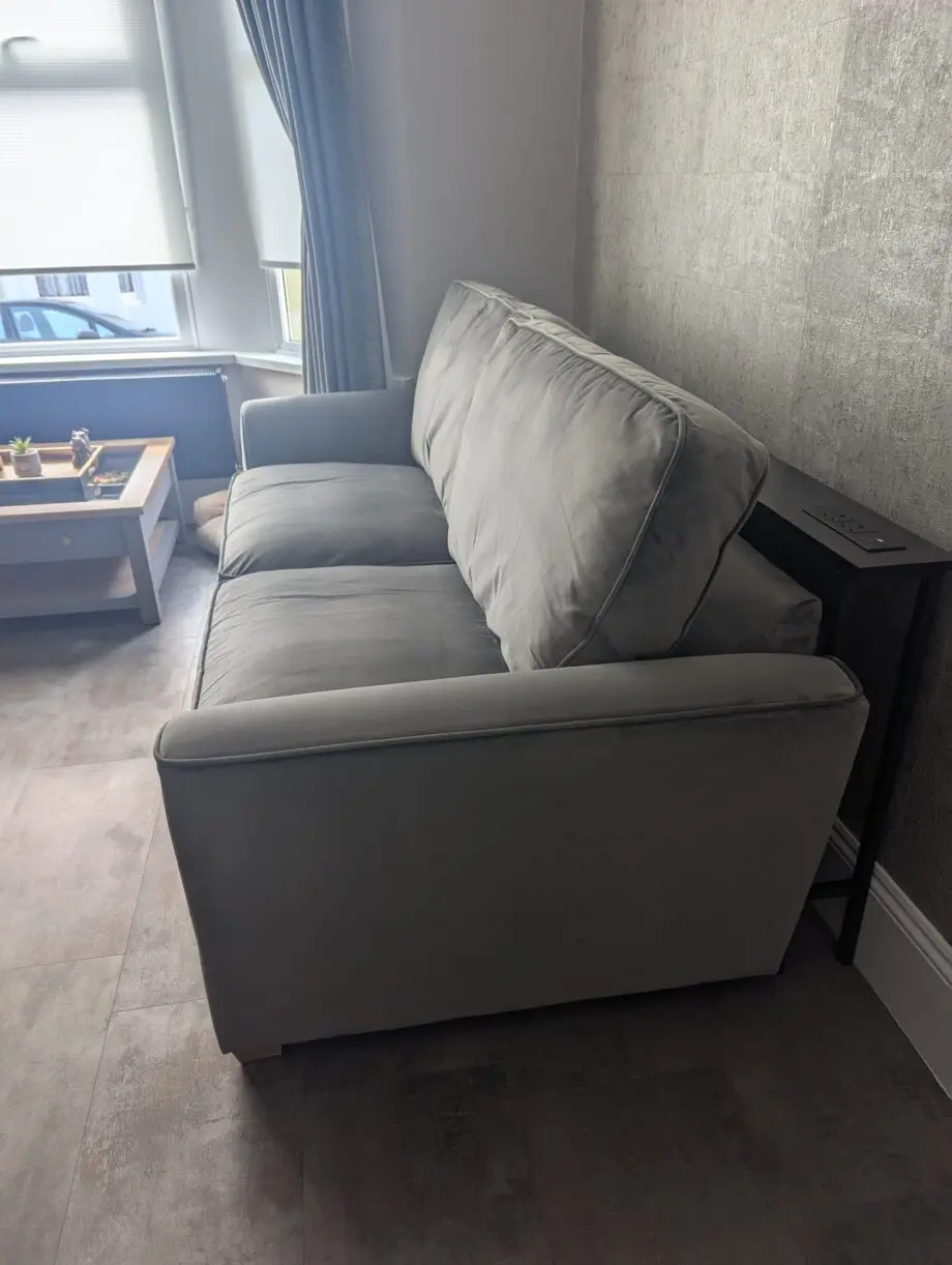 Furniture World, Fantasy range, 3 seater sofa with love chair and footstool in Festival Grey colour, velvet material. Comes with 4 pillows.