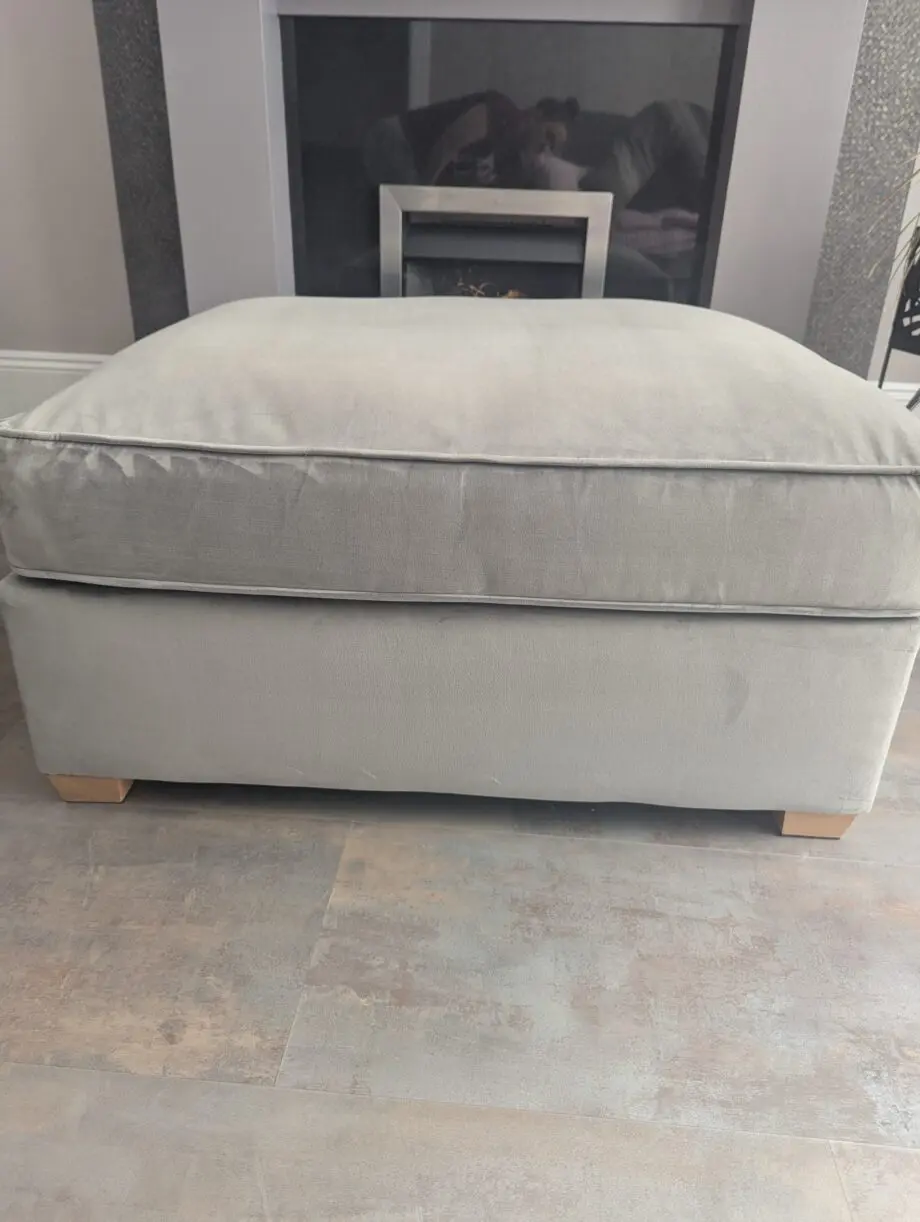 Furniture World, Fantasy range, 3 seater sofa with love chair and footstool in Festival Grey colour, velvet material. Comes with 4 pillows.