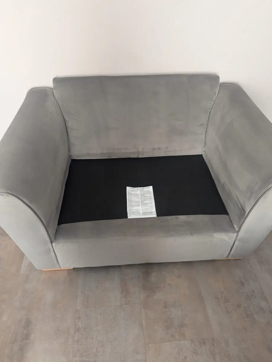 Furniture World, Fantasy range, 3 seater sofa with love chair and footstool in Festival Grey colour, velvet material. Comes with 4 pillows.