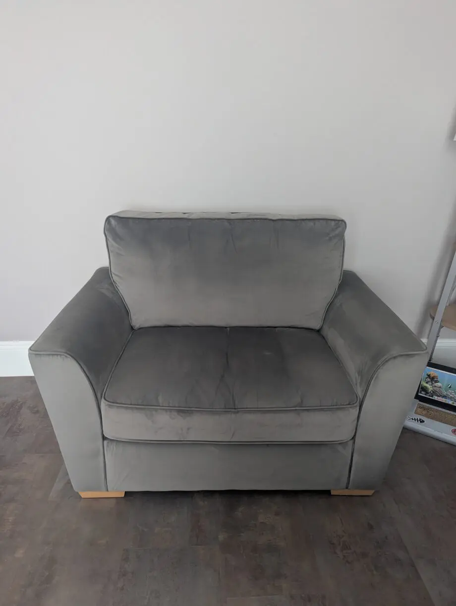 Furniture World, Fantasy range, 3 seater sofa with love chair and footstool in Festival Grey colour, velvet material. Comes with 4 pillows.