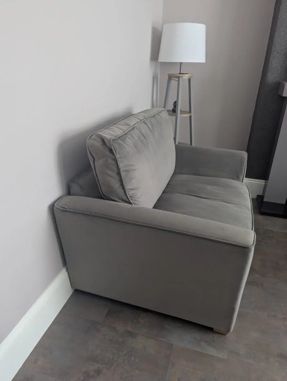 Furniture World, Fantasy range, 3 seater sofa with love chair and footstool in Festival Grey colour, velvet material. Comes with 4 pillows.