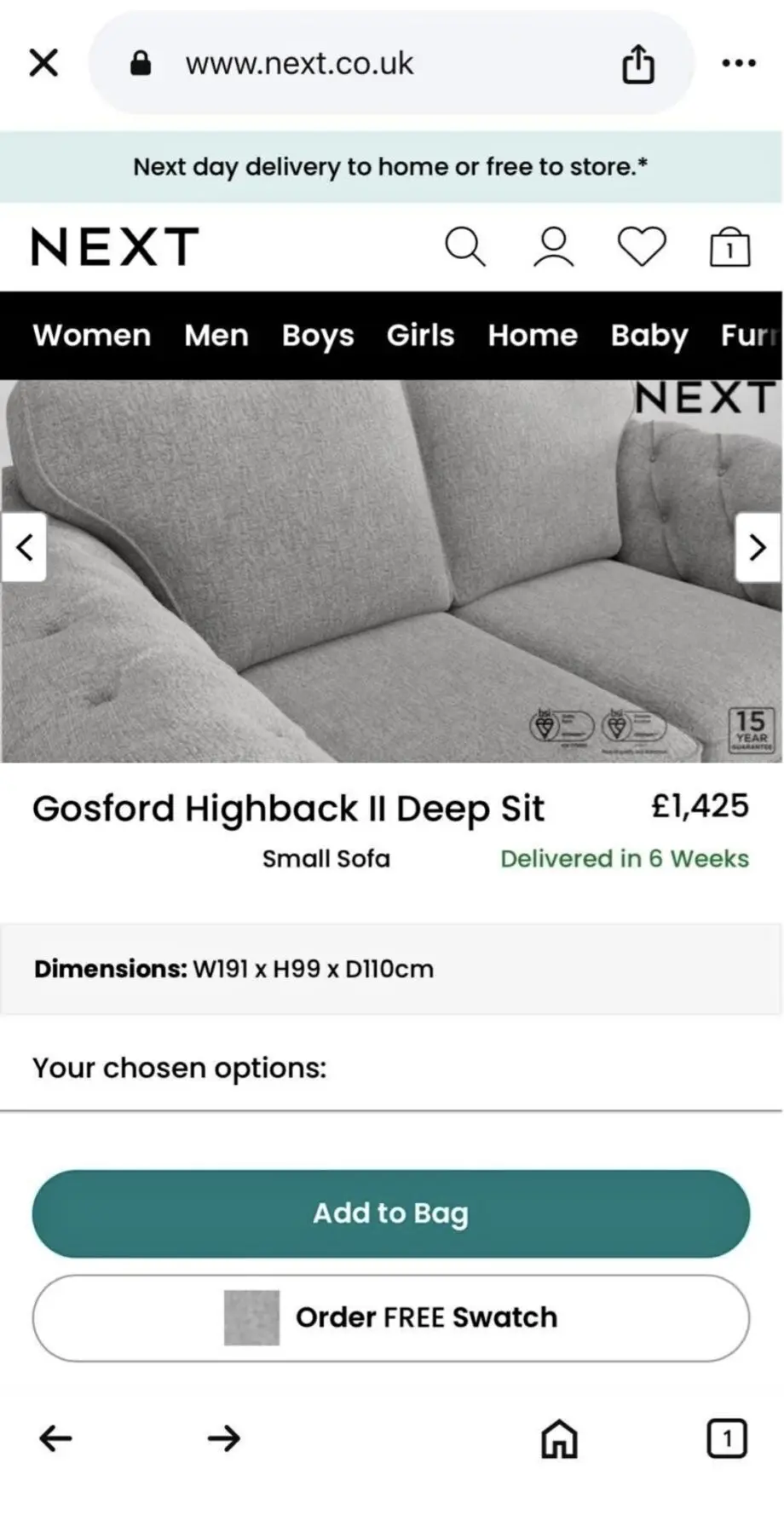 Next Gosford high back grey 2/3 seater couch RRP £1425