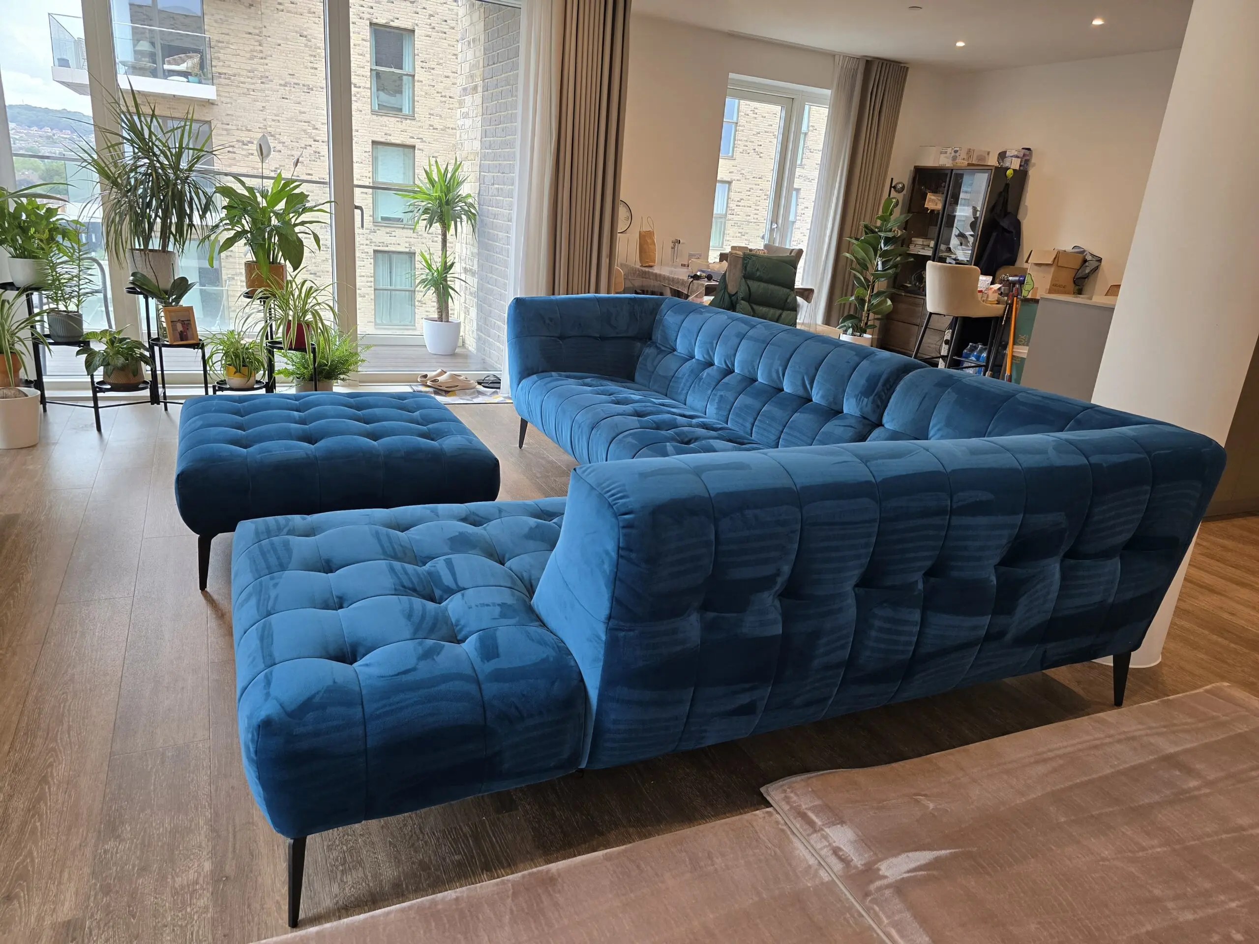 Barker & Stonehouse Azalea Teal Velvet Right Hand Corner Sofa with matching Footstool