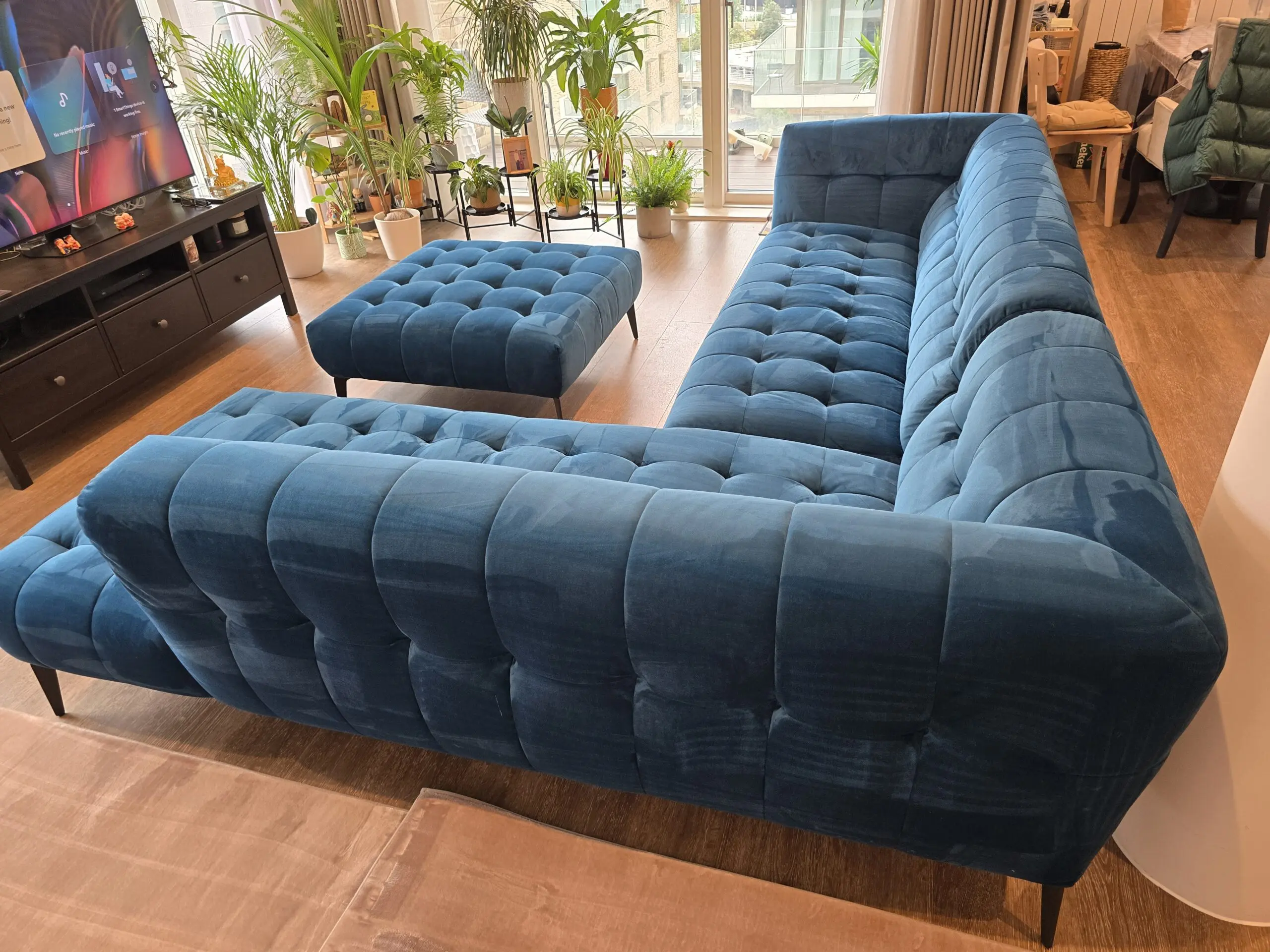 Barker & Stonehouse Azalea Teal Velvet Right Hand Corner Sofa with matching Footstool