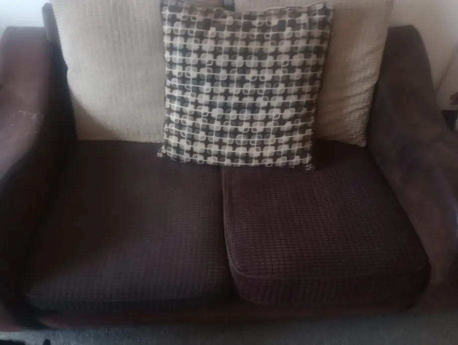 Stylish Brown sofa with 2 matching chairs and pillows