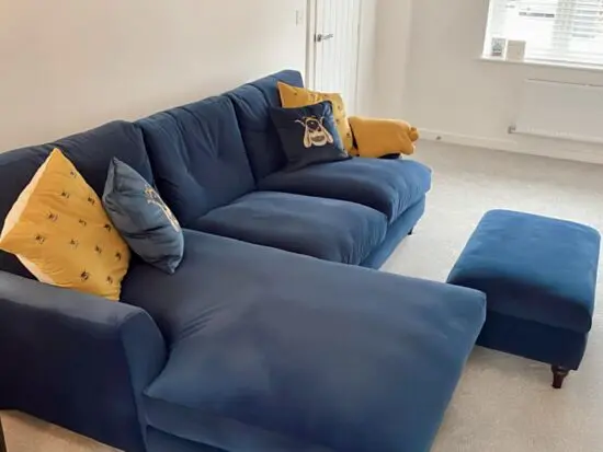 Joules Patterdale Left Hand Chaise Small Sofa Velvet Sofa & Footstall Navy Blue