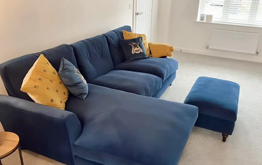 Joules Patterdale Left Hand Chaise Small Sofa Velvet Sofa & Footstall Navy Blue