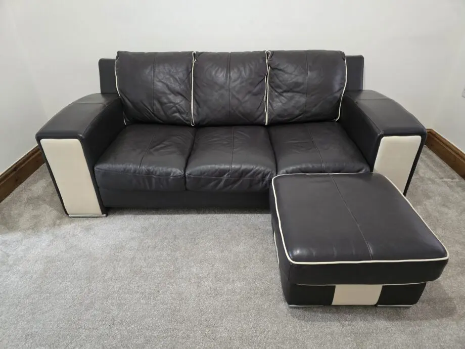 DFS MOLINARI Mocha Brown & Cream Leather Sofa with Footstool