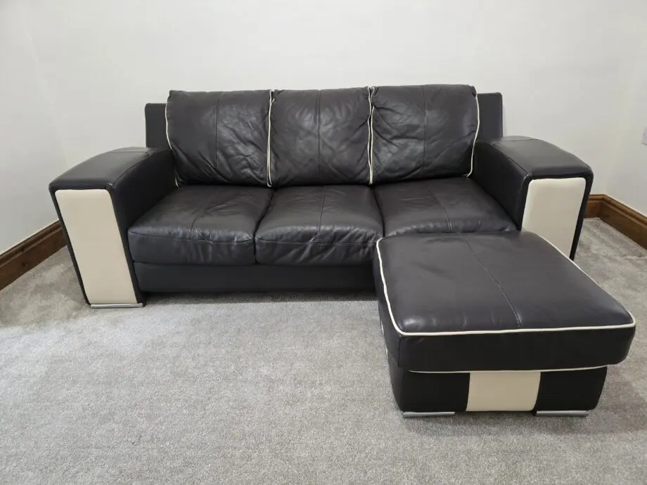 DFS MOLINARI Mocha Brown & Cream Leather Sofa with Footstool
