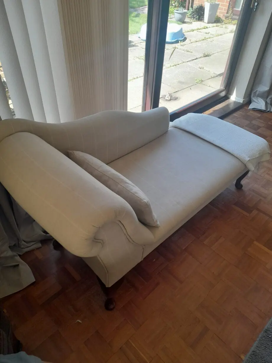 Chaise recovered in Laura Ashley Elmore