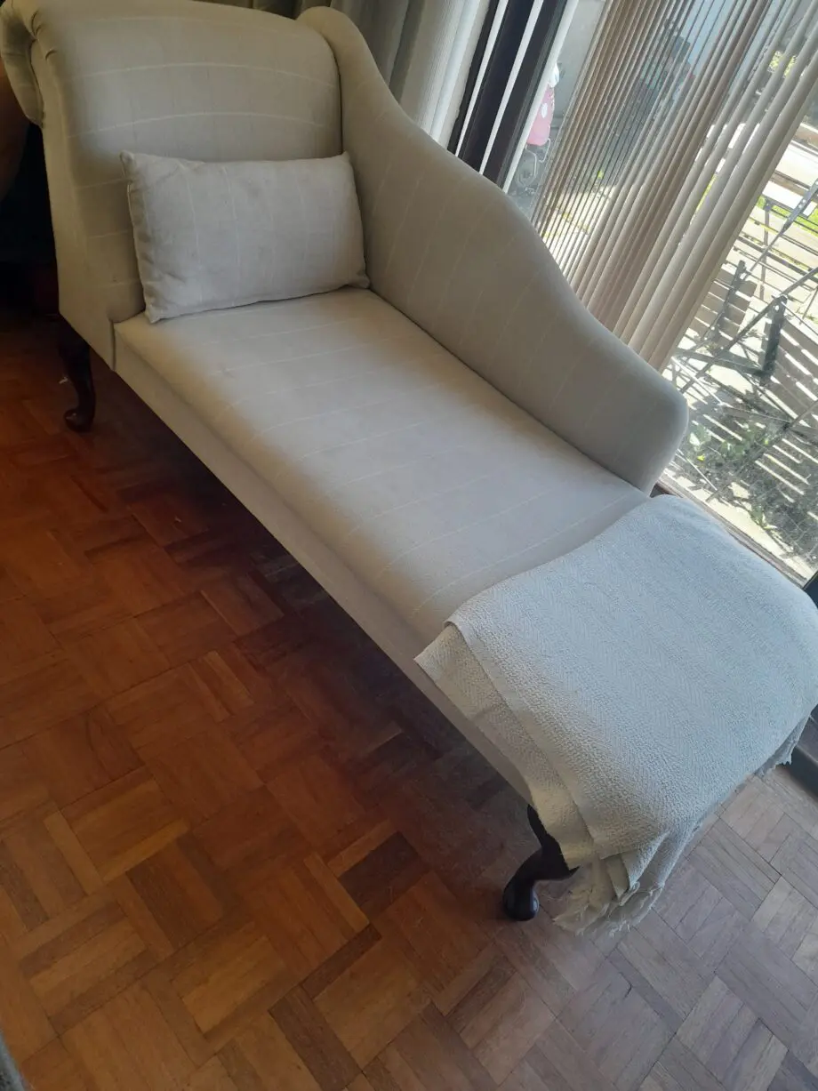 Chaise recovered in Laura Ashley Elmore
