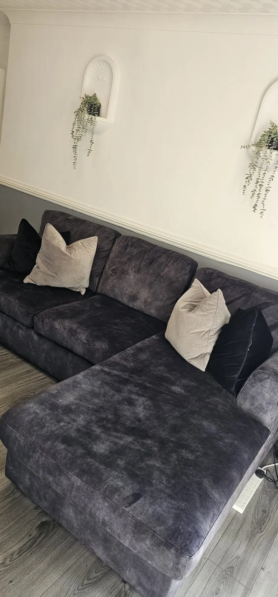 DFS Velvet 4 Seater Lounger in Charcoal with foot stool