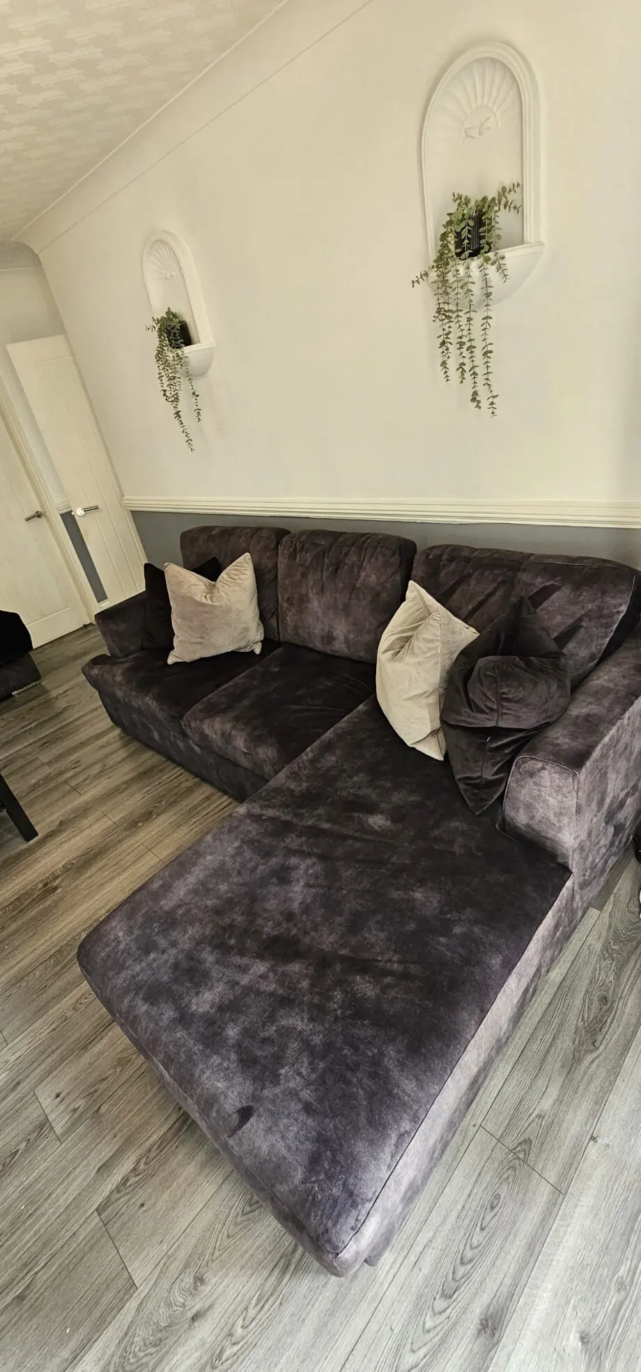 DFS Velvet 4 Seater Lounger in Charcoal with foot stool