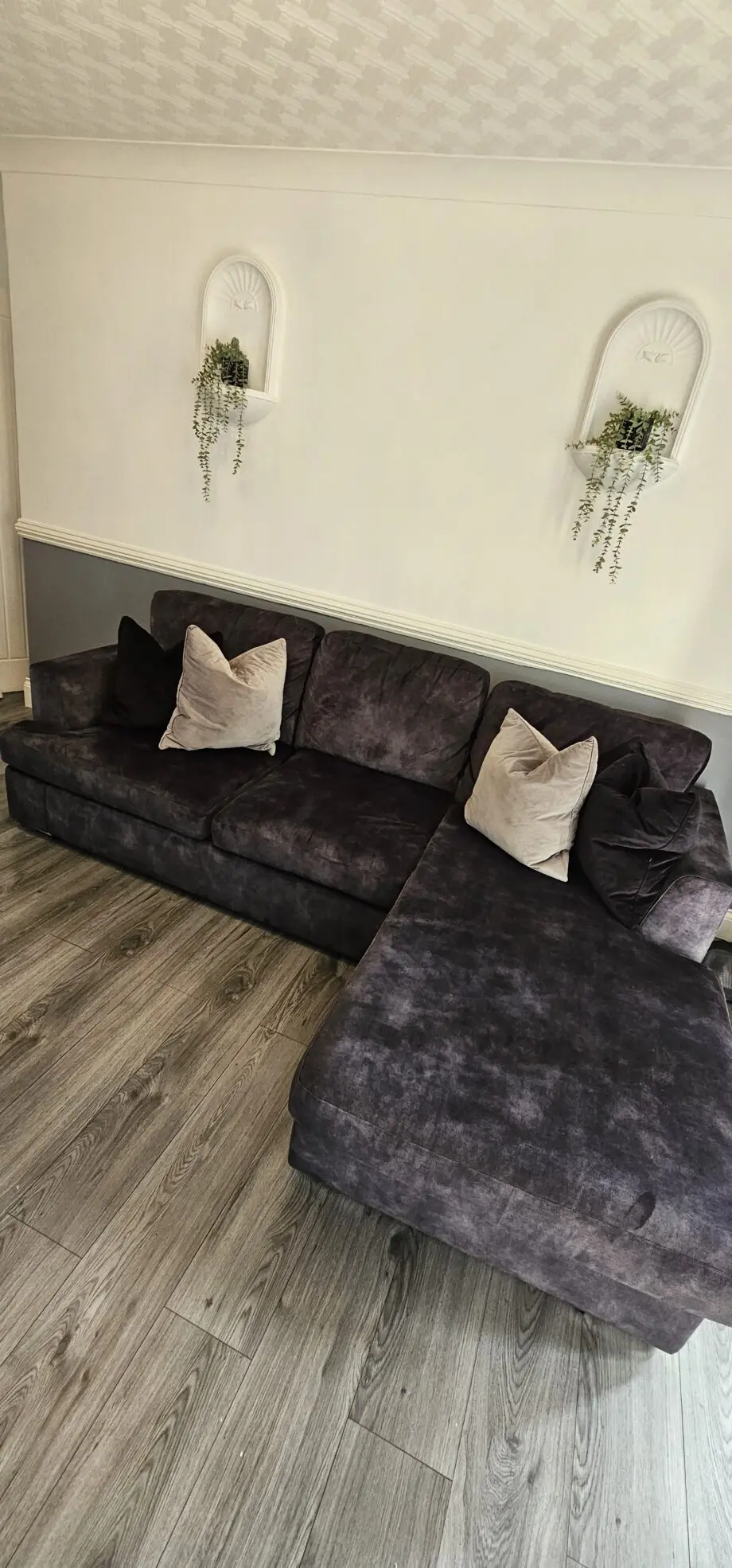 DFS Velvet 4 Seater Lounger in Charcoal with foot stool