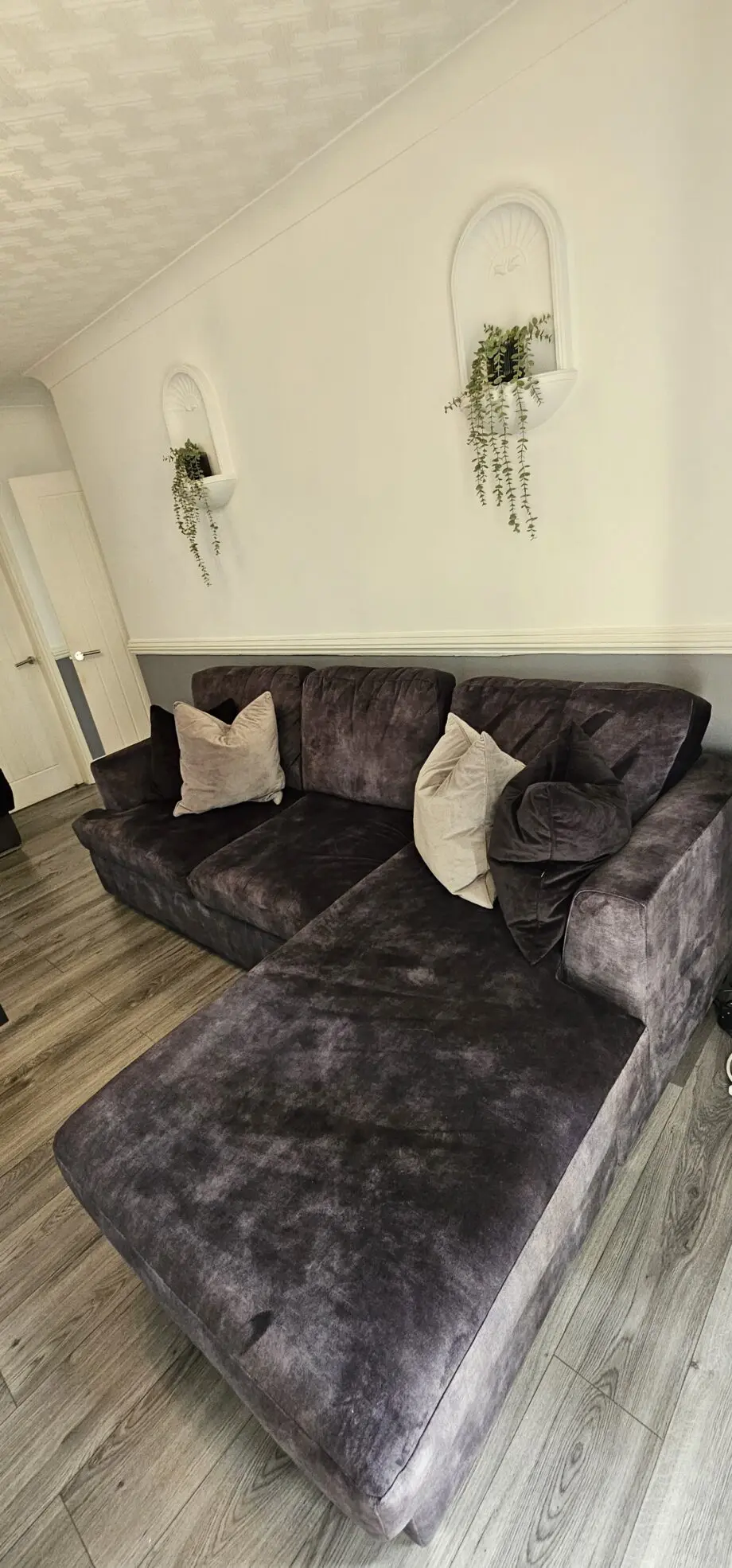 DFS Velvet 4 Seater Lounger in Charcoal with foot stool