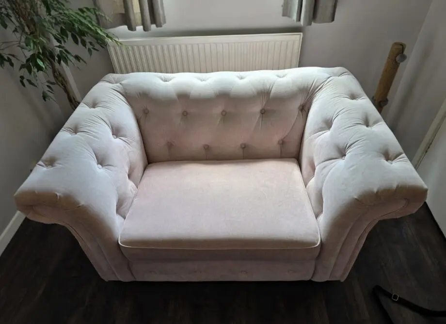DFS cuddle chair in Old Rose Pink