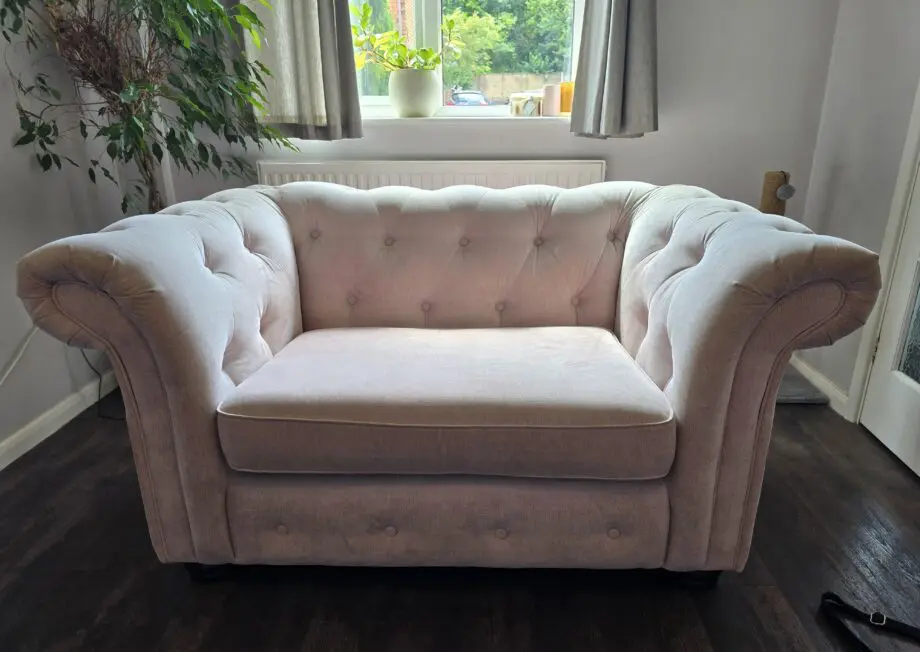DFS cuddle chair in Old Rose Pink