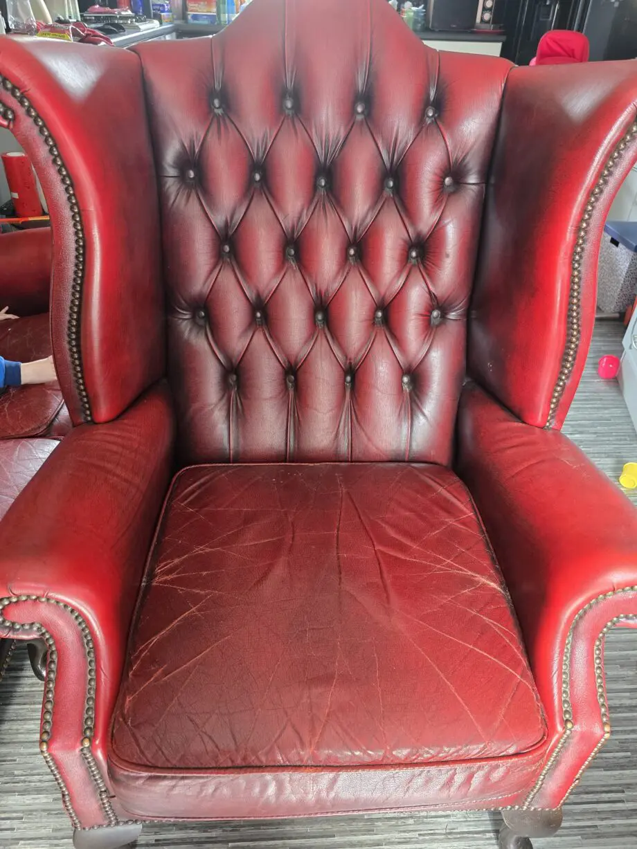 Vintage Antique Red Oxblood Chesterfield Queen Anne Wing High Back Chair 3 Seater Sofa Couch Leather