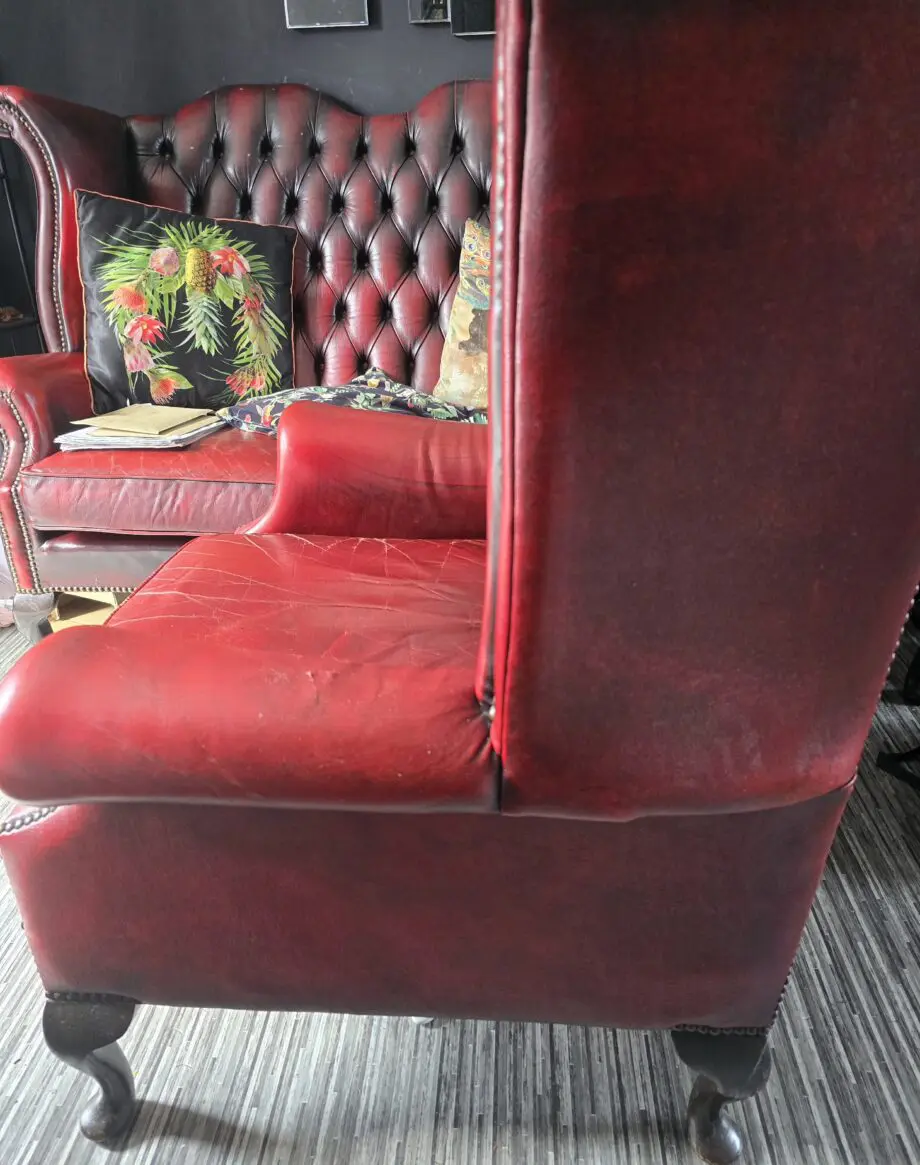 Vintage Antique Red Oxblood Chesterfield Queen Anne Wing High Back Chair 3 Seater Sofa Couch Leather