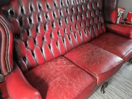 Vintage Antique Red Oxblood Chesterfield Queen Anne Wing High Back Chair 3 Seater Sofa Couch Leather