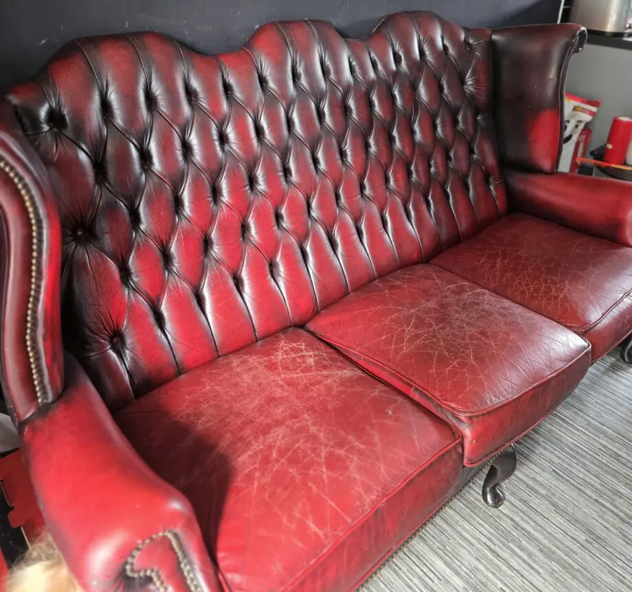 Vintage Antique Red Oxblood Chesterfield Queen Anne Wing High Back Chair 3 Seater Sofa Couch Leather