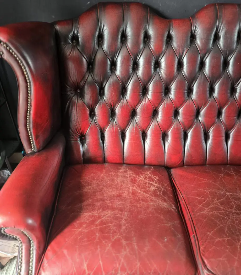 Vintage Antique Red Oxblood Chesterfield Queen Anne Wing High Back Chair 3 Seater Sofa Couch Leather